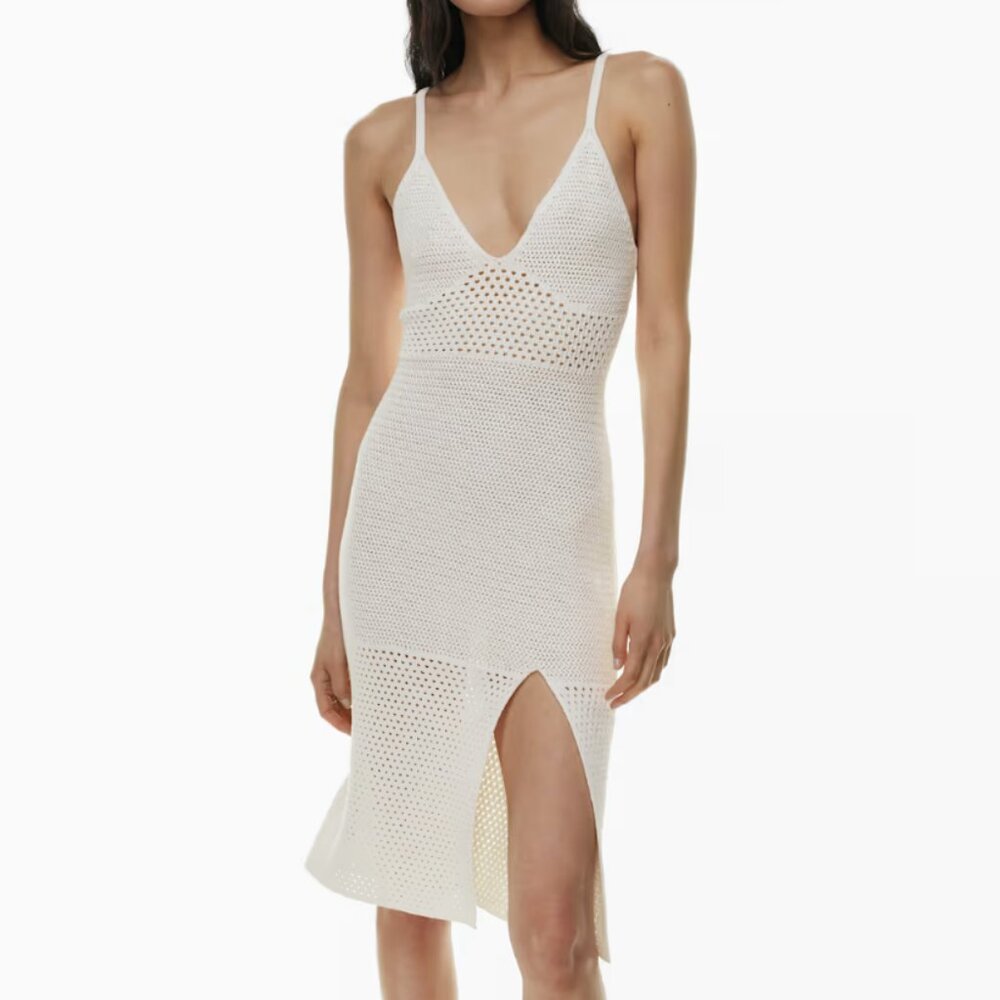 Wilfred White Crochet Knit V-Neck Midi Dress with Front Slit